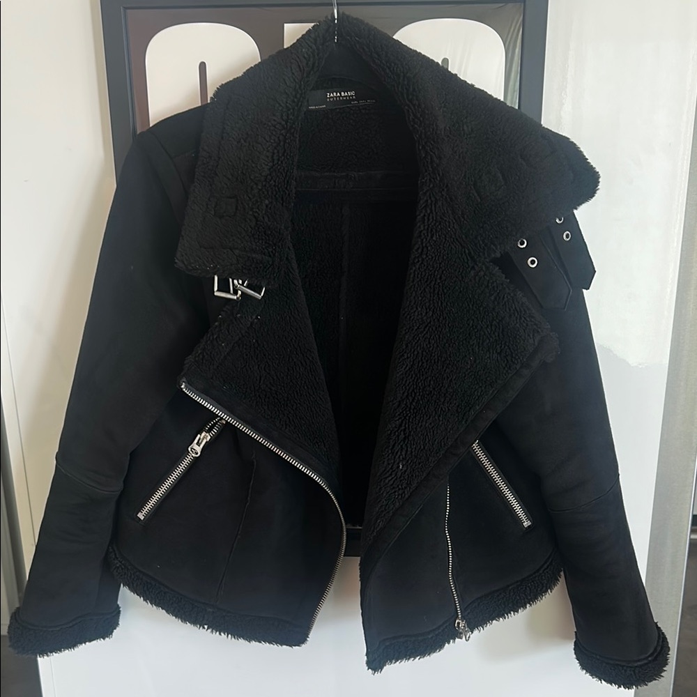 Zara Black Leather Jacket with Shearling Lining
